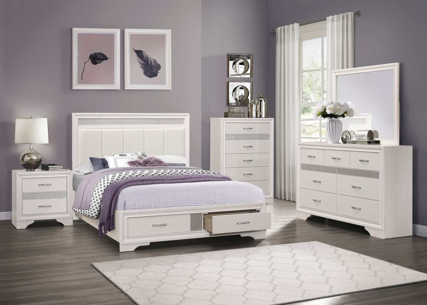 Homelegance Luster Platform Bedroom Set - Two-tone : White And Silver Glitter