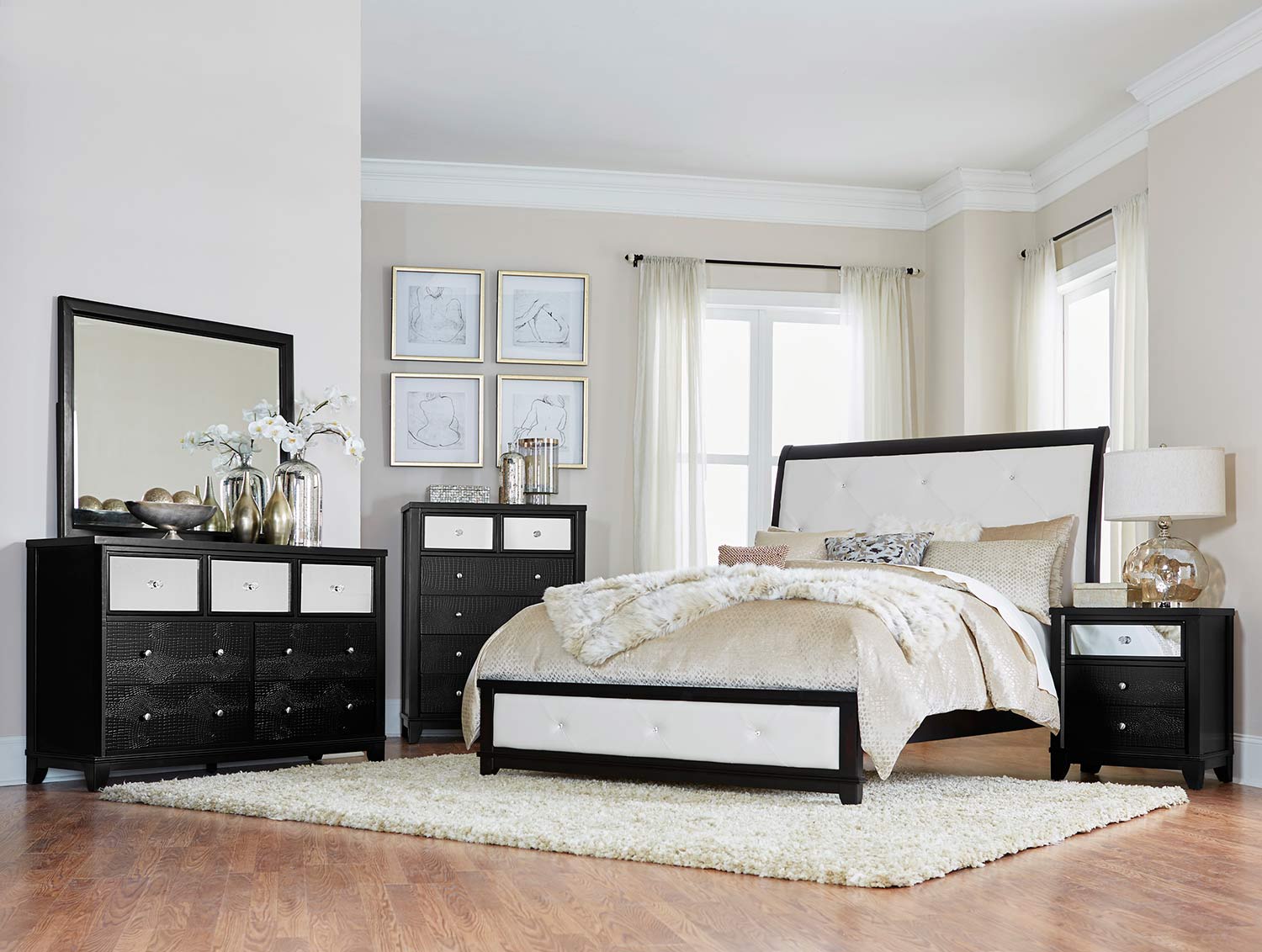 Homelegance Odelia Sleigh Bedroom Set Black Pearl White Bi Cast Vinyl