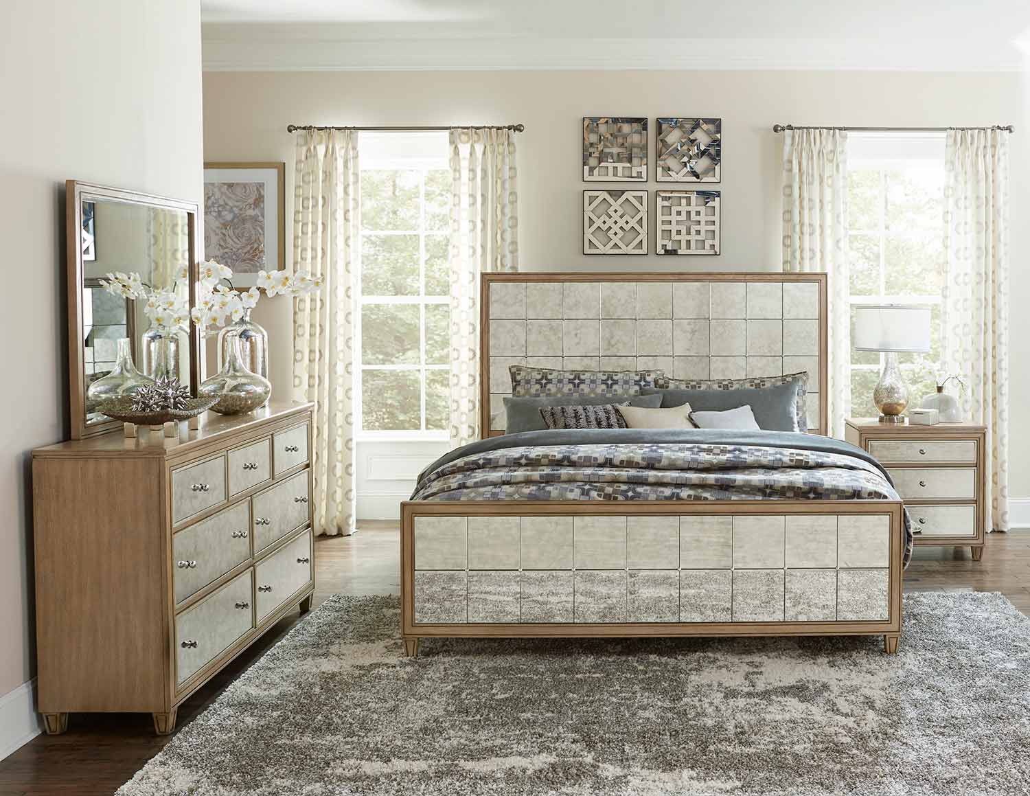 Homelegance Kalette Panel Bedroom Set - Light Oak - Antiqued mirrored