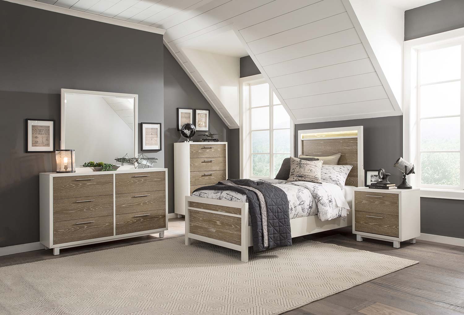 Homelegance Renly Led Bedroom Set Natural Finish Of Oak Veneer With White Framing 2056 Bed Set At Homelement Com