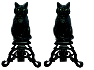 UniFlame Black Cast Iron Cat Andirons With Reflective Glass Eyes-Uniflame