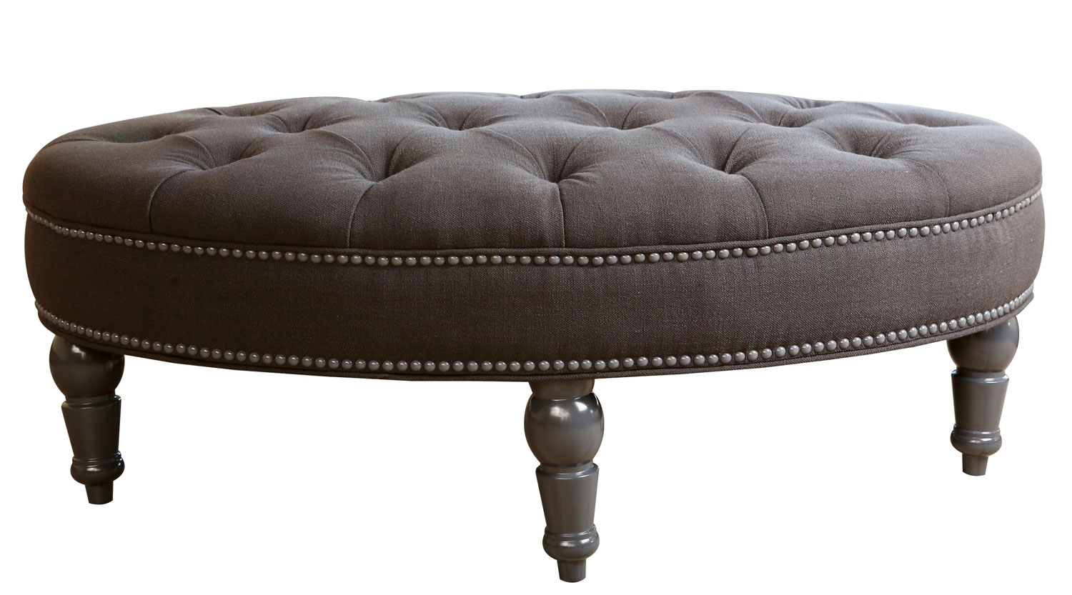 Abbyson Living Clairemont Tufted Linen Nailhead-Trim Oval Ottoman - Grey