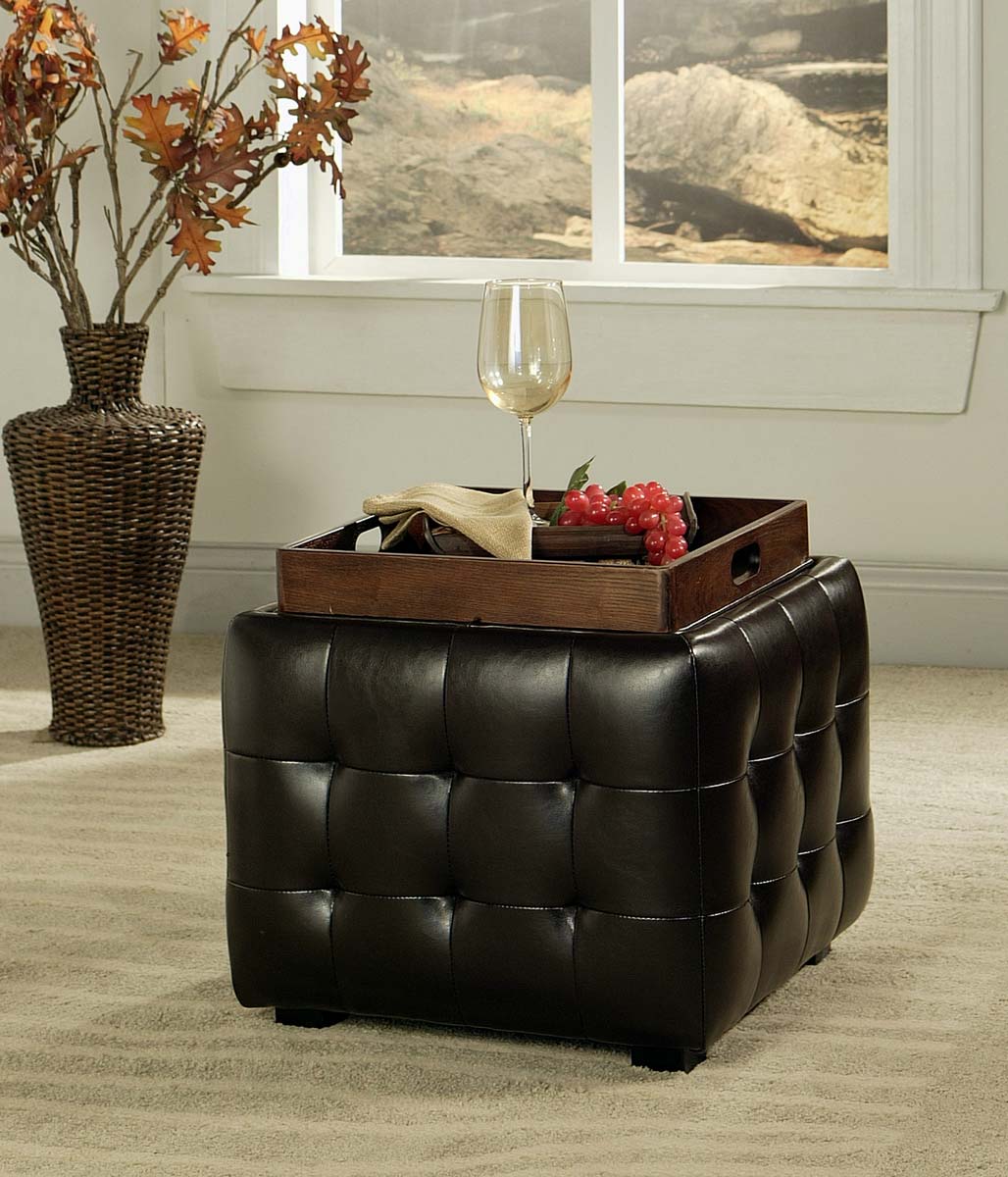 Abbyson Living Manchester Dark Brown Bicast Tufted Leather Ottoman with Tray