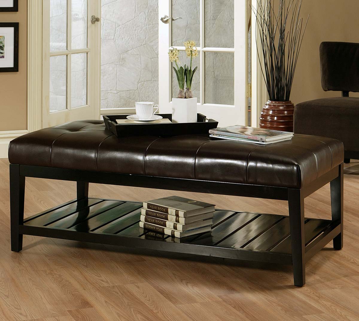 Abbyson Living Manchester Dark Brown Bicast Tufted Leather Coffee Table Ottoman