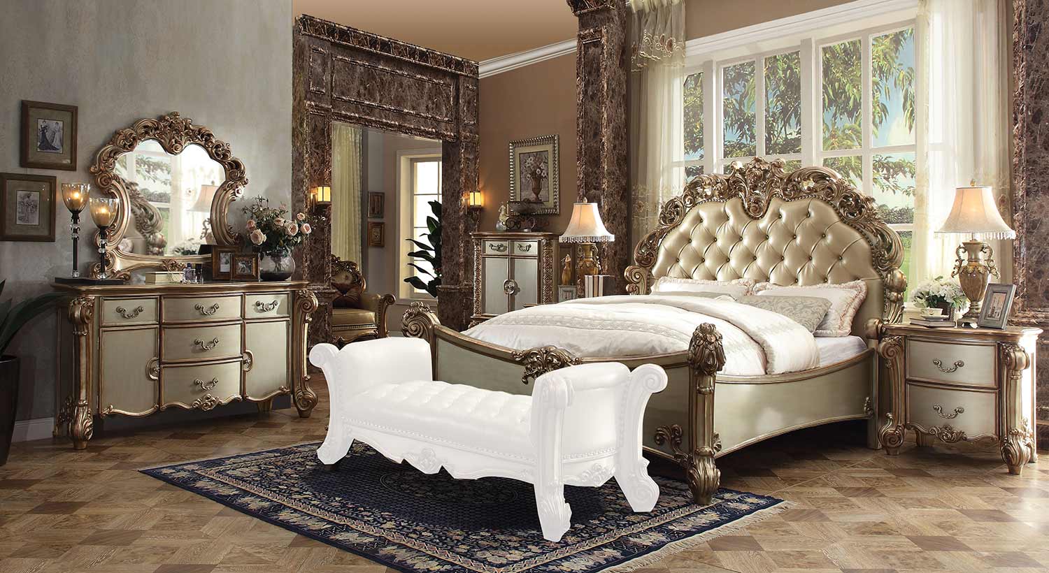 Acme Vendome Bedroom Set - Bone Vinyl/Gold Patina