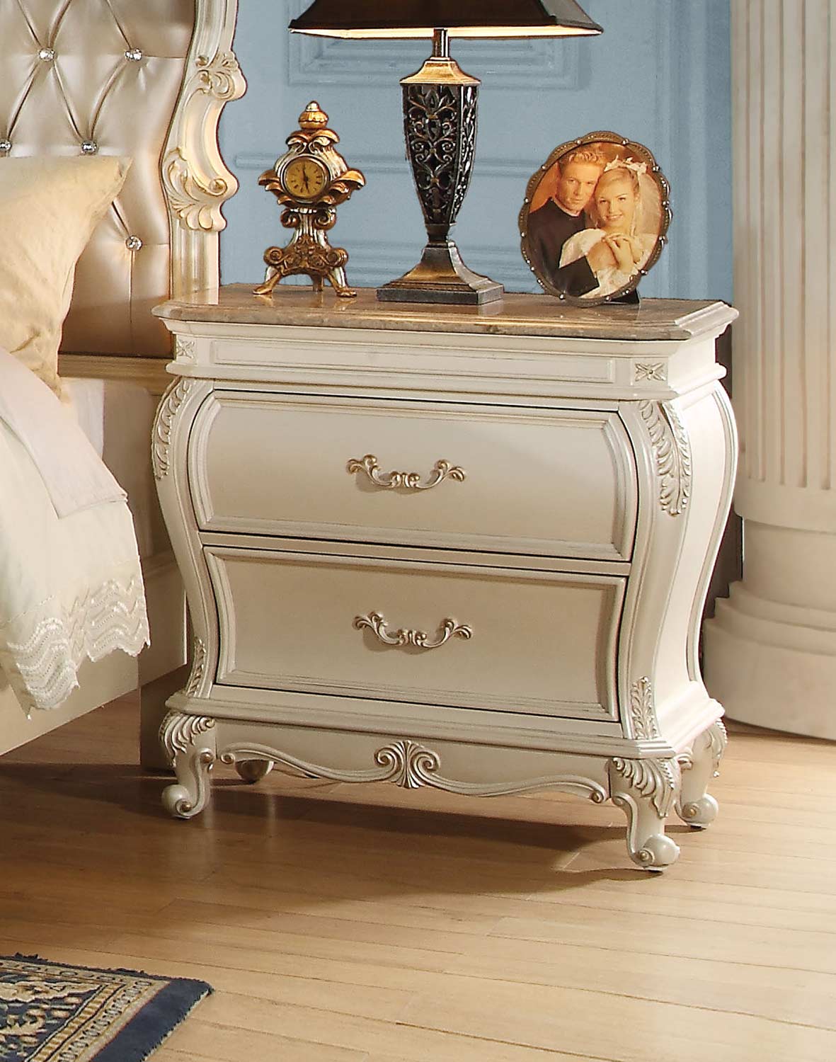 Acme Chantelle Nightstand with Granite Top - Pearl White