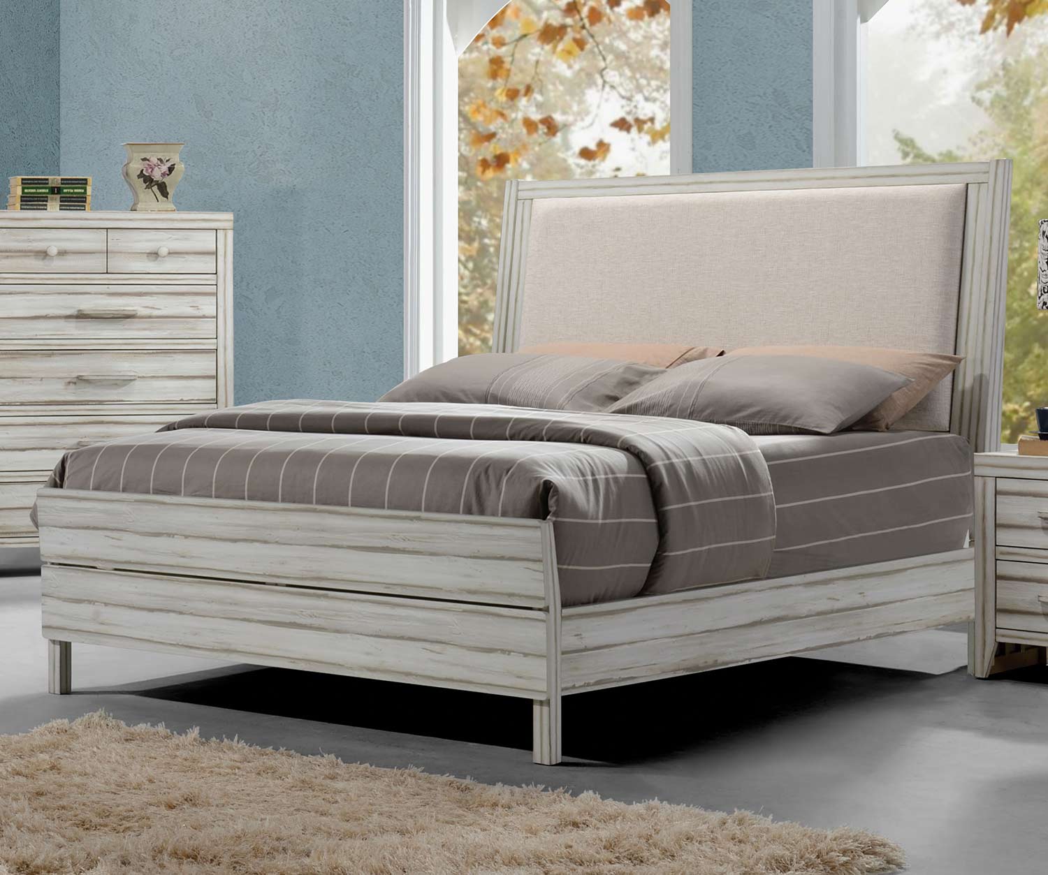 Acme Shayla Bed (Padded HB) - Fabric/Antique White