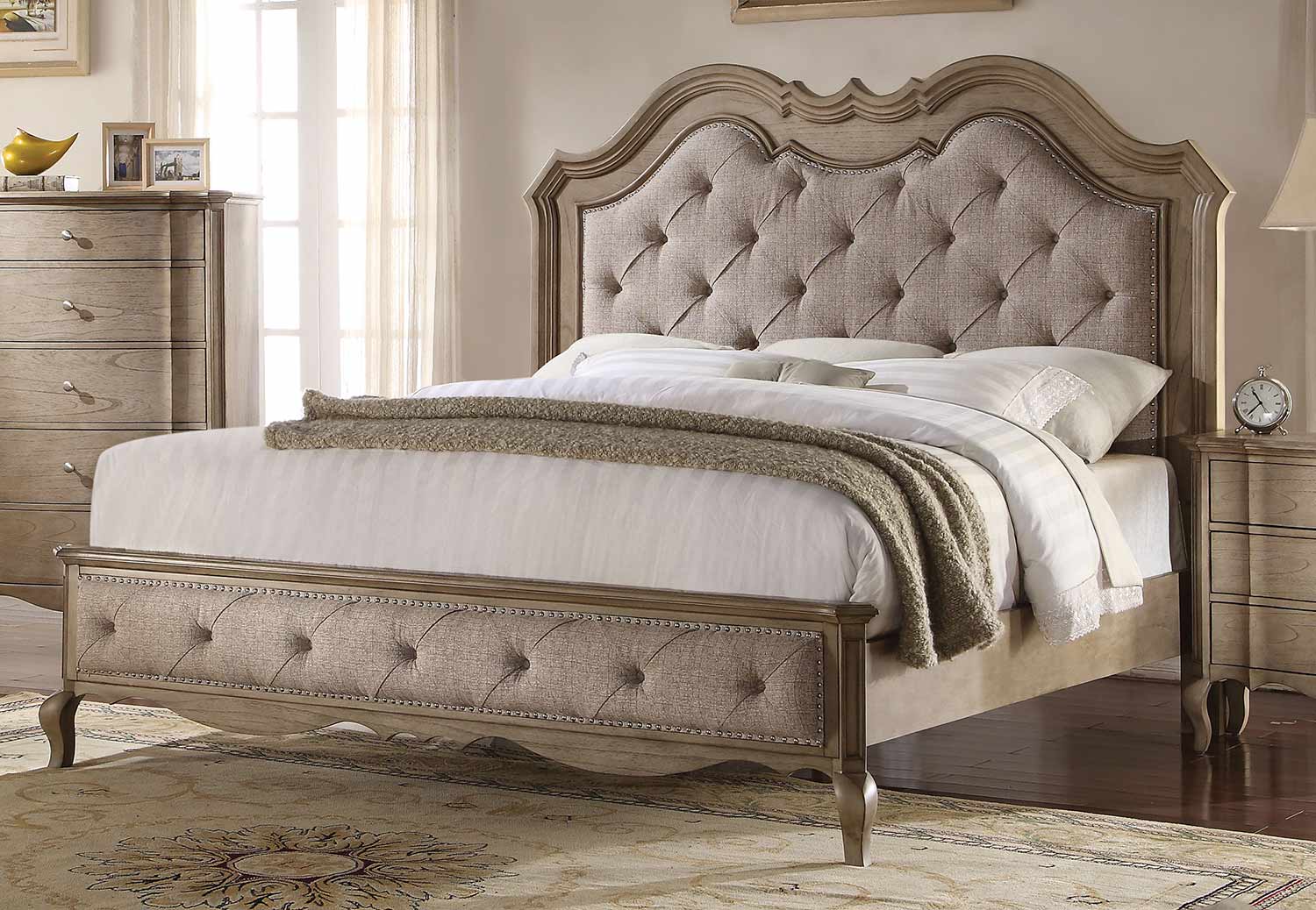 Acme Chelmsford Bed - Beige Fabric/Antique Taupe