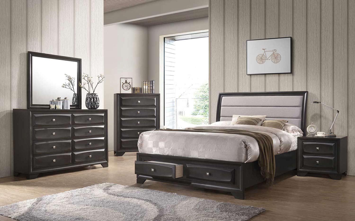 Acme Soteris Bedroom Set with Storage - Gray Fabric/Antique Gray