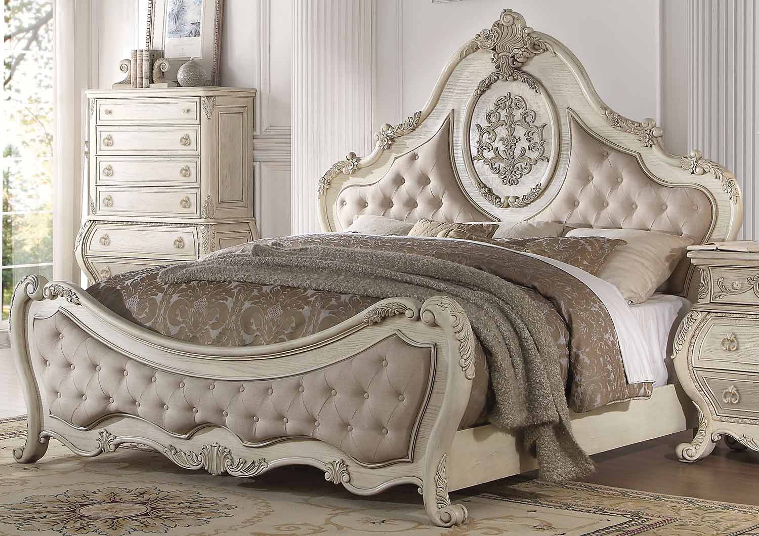 Acme Ragenardus Bed - Beige Linen/Antique White