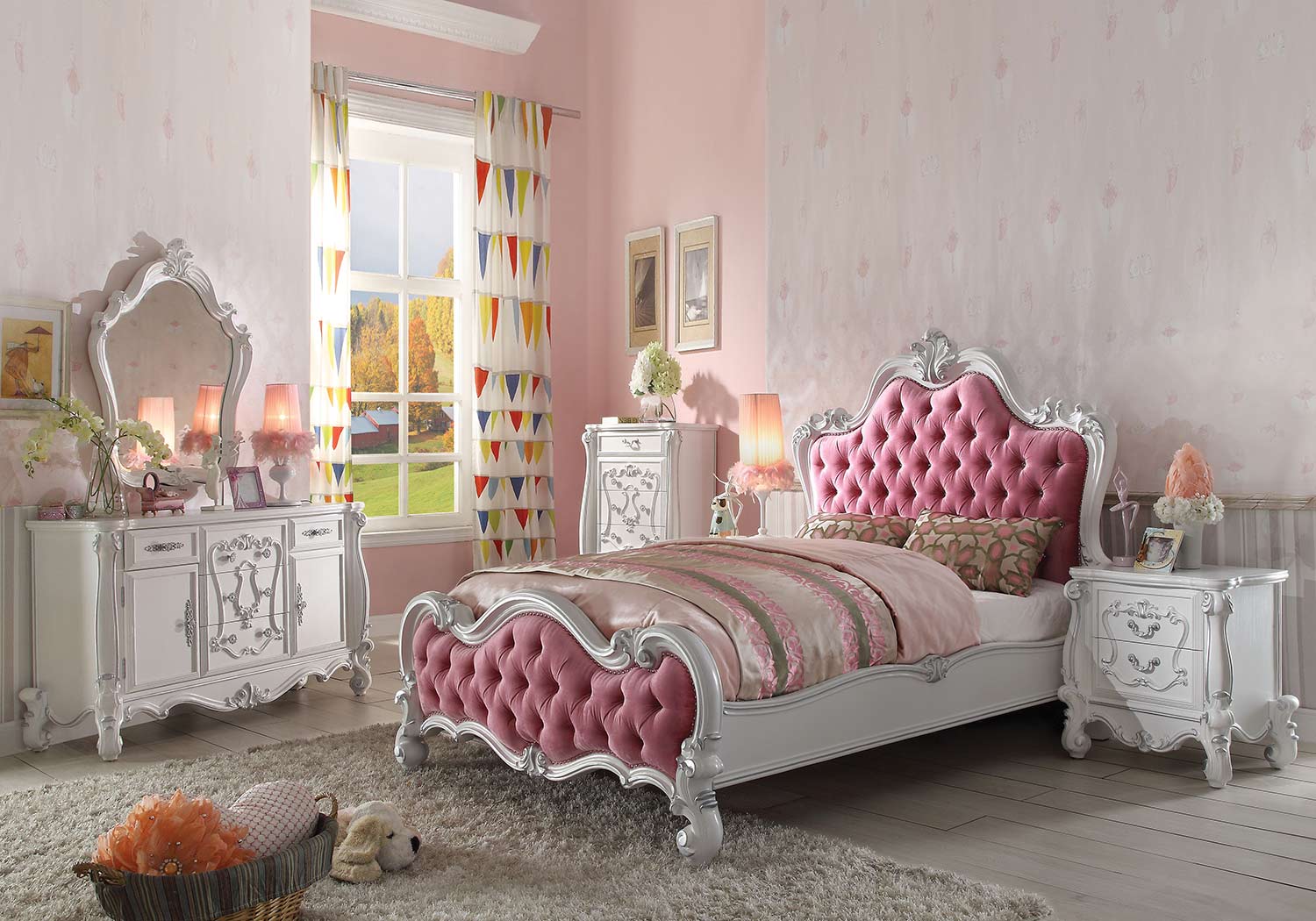 Acme Versailles Bedroom Set - Pink Fabric/Antique White