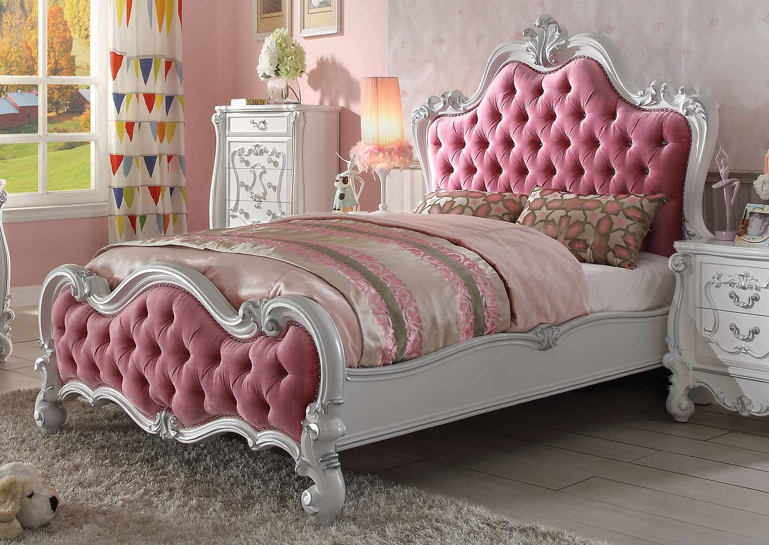 Acme Versailles Bed - Pink Fabric/Antique White