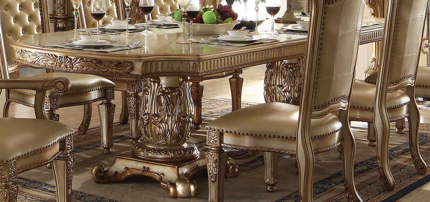 Acme Vendome Dining Table with Double Pedestal - Gold Patina/Bone