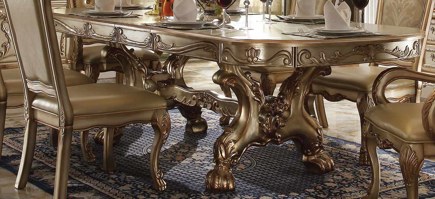 Acme Dresden Dining Table with Trestle Pedestal - Gold Patina/Bone