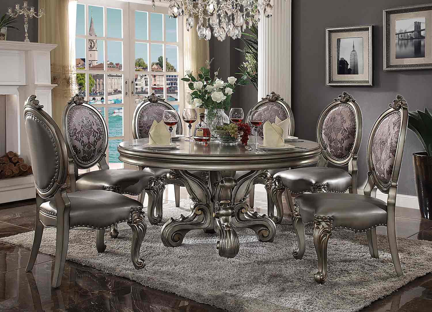 Acme Versailles Dining Set (Round Pedestal) - Antique Platinum