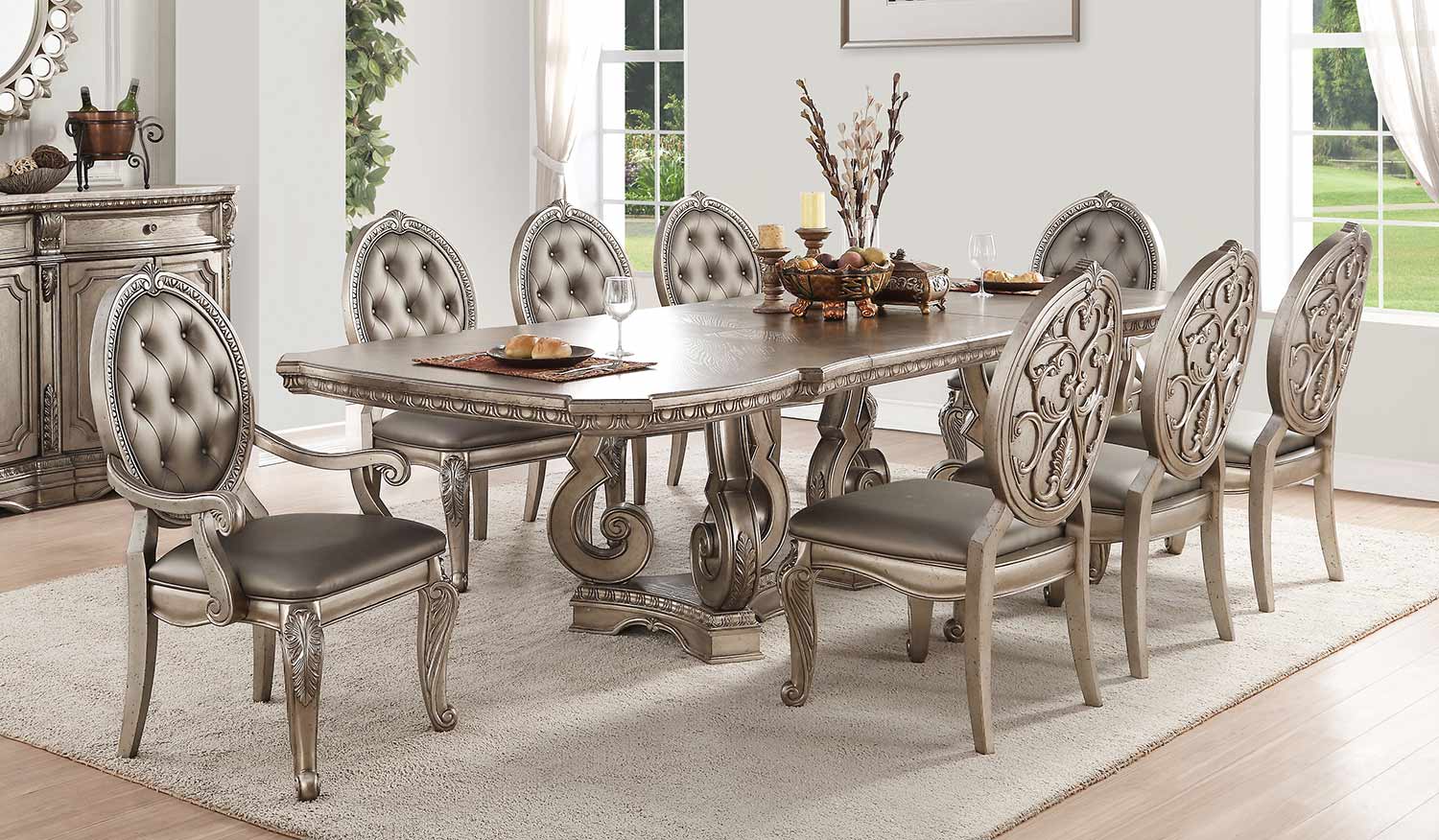 Acme Northville Dining Set with Double Pedestal - Antique Champagne