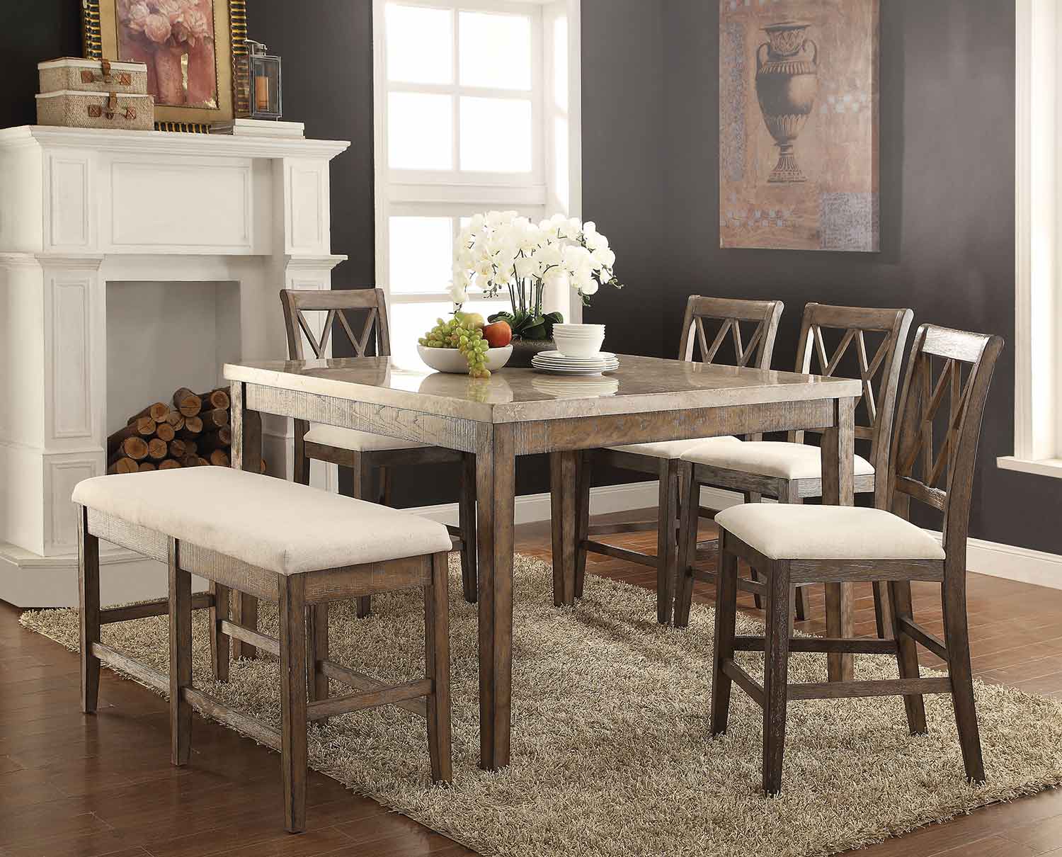 Acme Claudia Counter Height Dining Set - White Marble/Salvage Brown