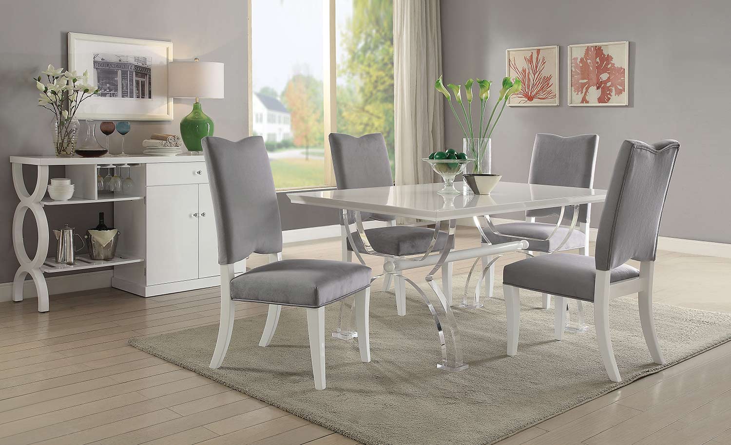 Acme Martinus Dining Set - High Gloss White/Gray Fabric