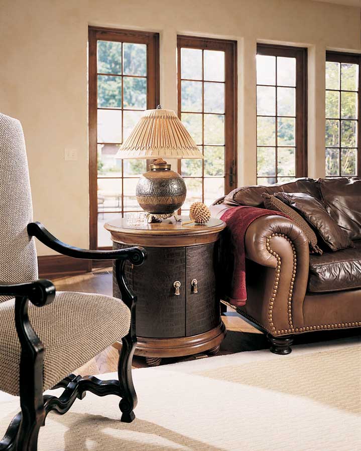American Drew Bob Mackie Home Classics Round Leather Commode American Drew Bob Mackie Home Classics Round Leather Commode