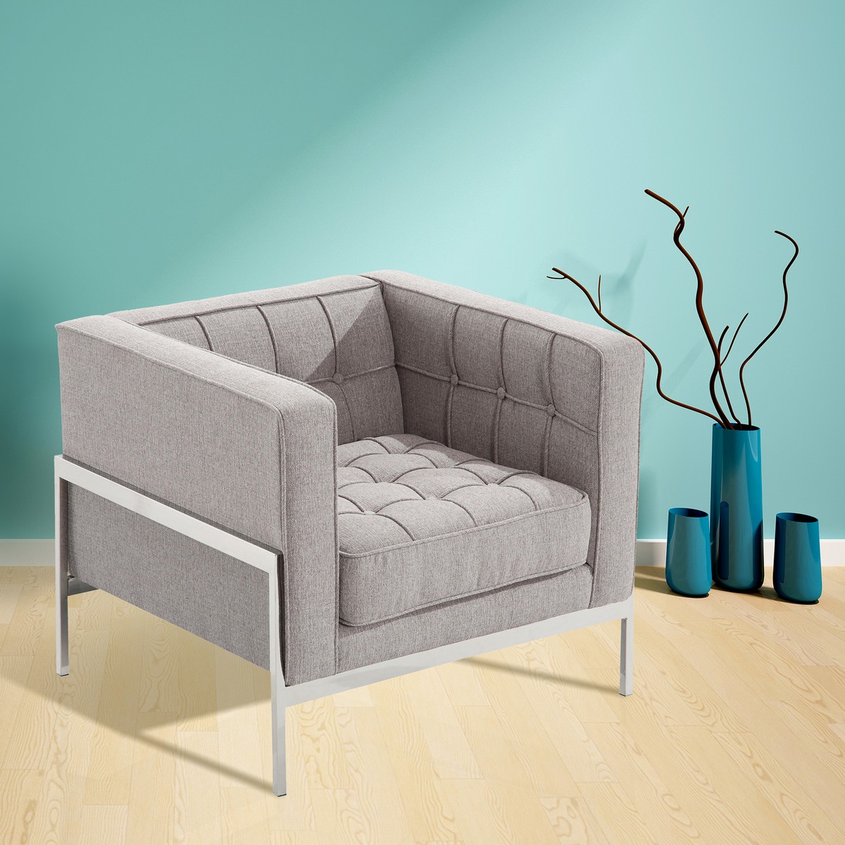Armen Living Andre Contemporary Chair In Gray Tweed and Stainless Steel