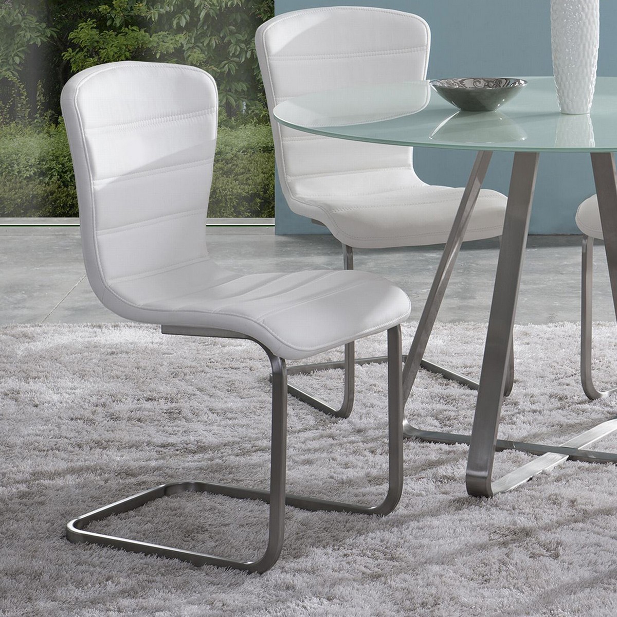 Armen Living Cameo Modern Side Chair In White and Stainless Steel