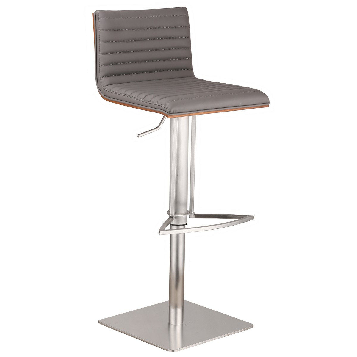 Armen Living Cafe Adjustable Brushed Stainless Steel Barstool in Gray Leatherette with Walnut Back