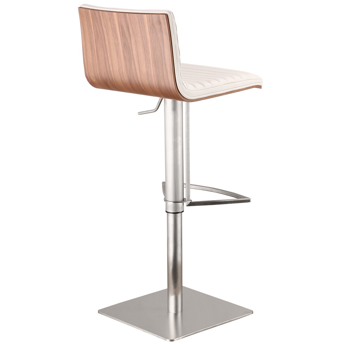 Armen Living Cafe Adjustable Brushed Stainless Steel Barstool in White Leatherette with Walnut Back