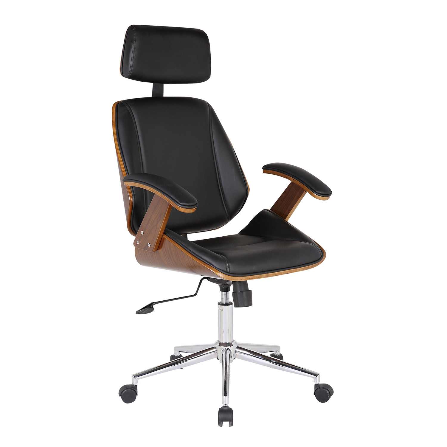 Armen Living Century Office Chair - Black Leatherette/Walnut Veneer Back