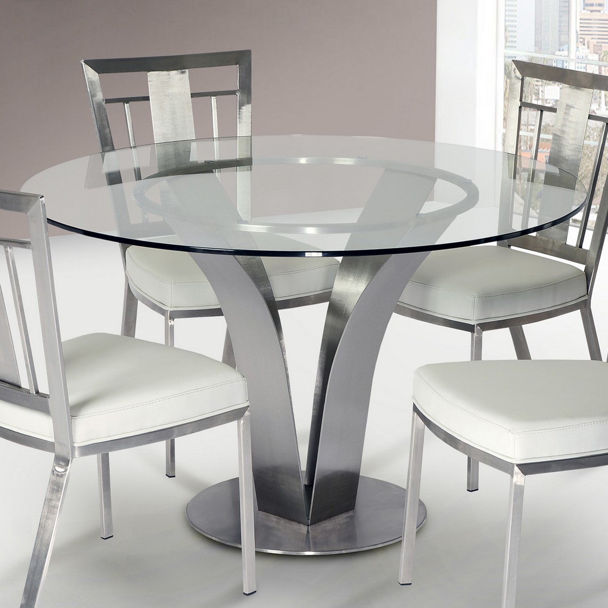 Armen Living Cleo Contemporary Dining Table In Stainless Steel With Clear Glass