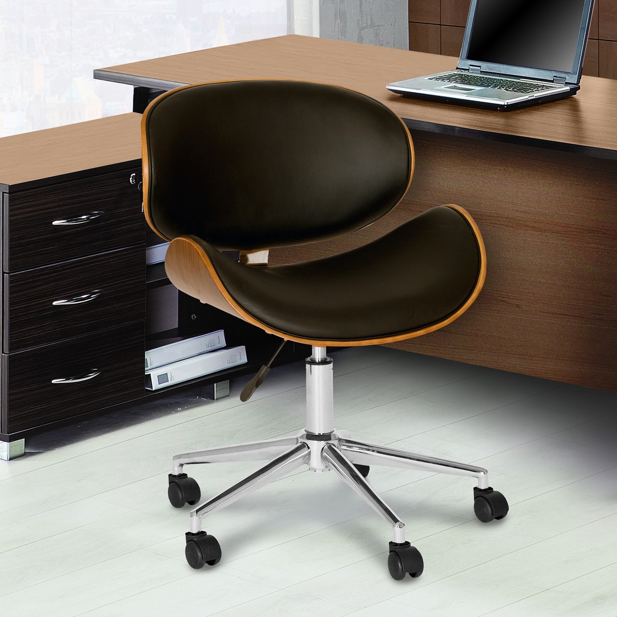 Armen Living Daphne Modern Chair In Black And Walnut Veneer Back and Chrome