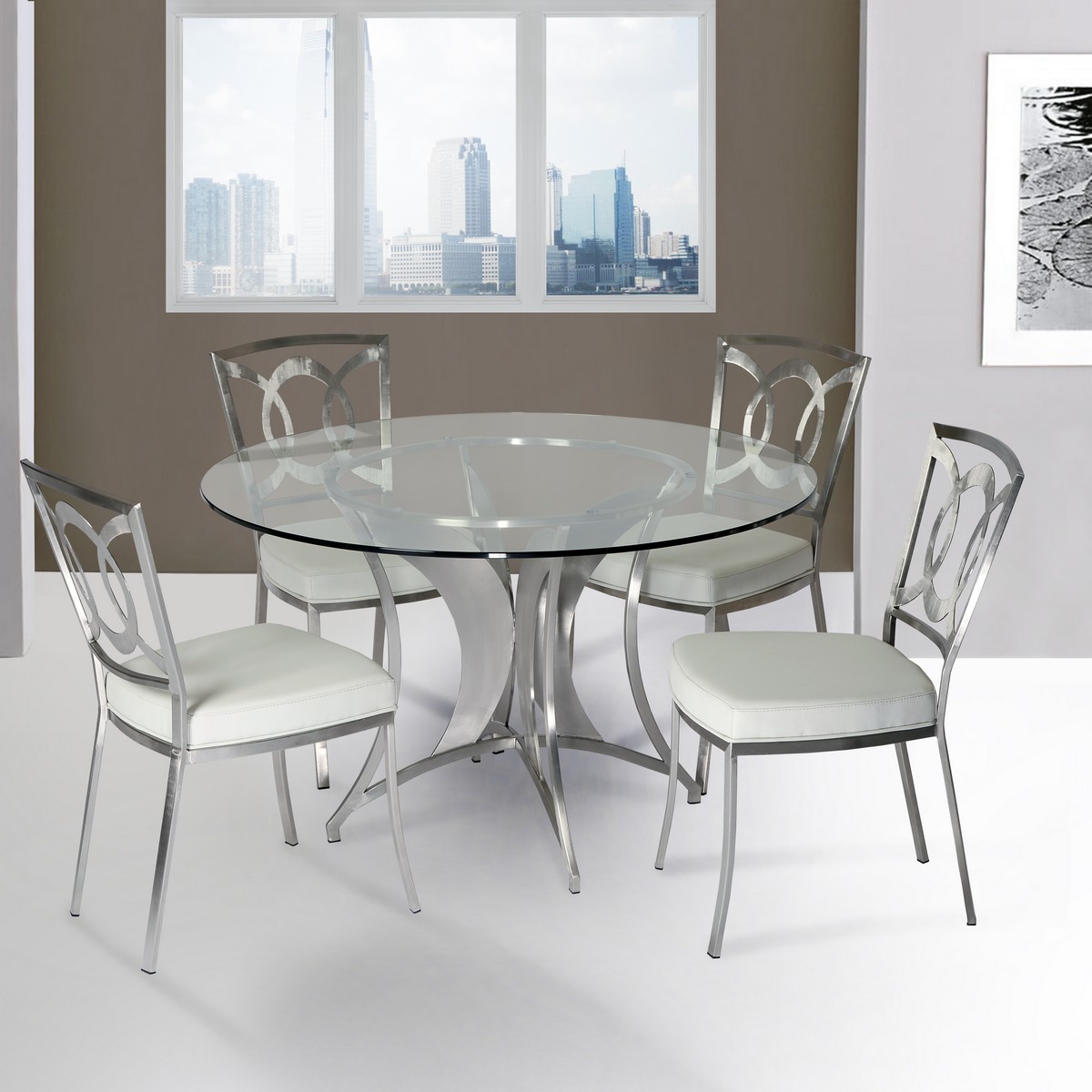 Armen Living Drake Modern Dining Chair In White and Stainless Steel