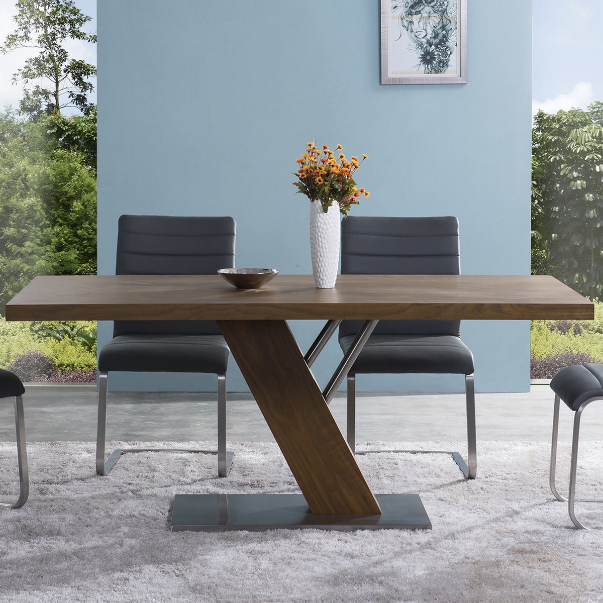 Armen Living Fusion Contemporary Dining Table In Walnut Wood Top and Stainless Steel