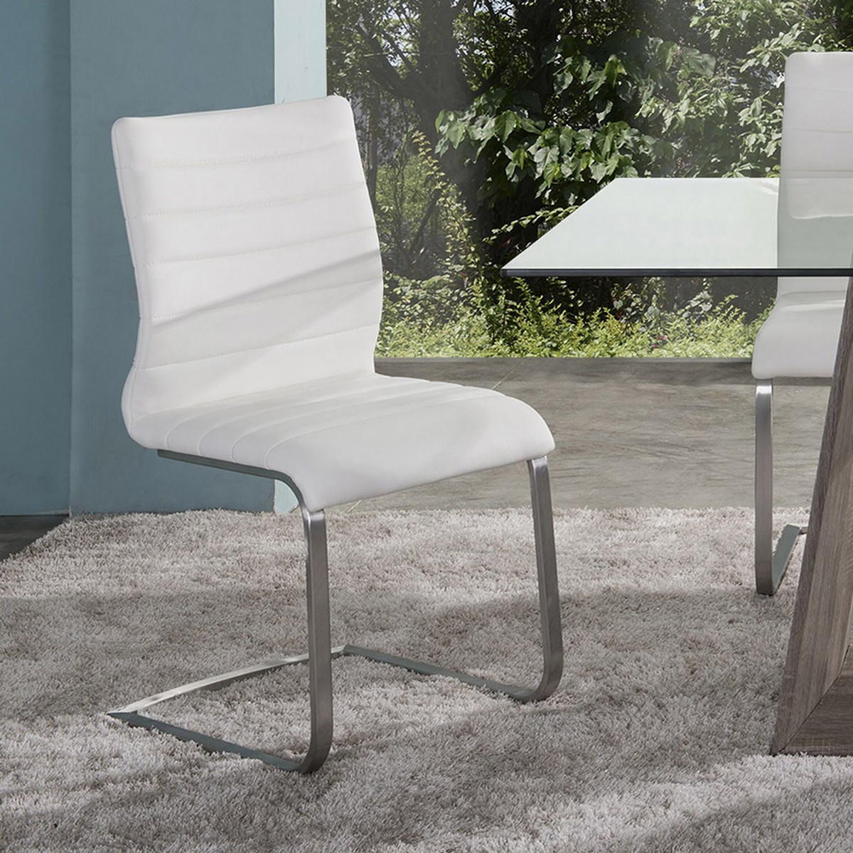 Armen Living Fusion Contemporary Side Chair In White and Stainless Steel