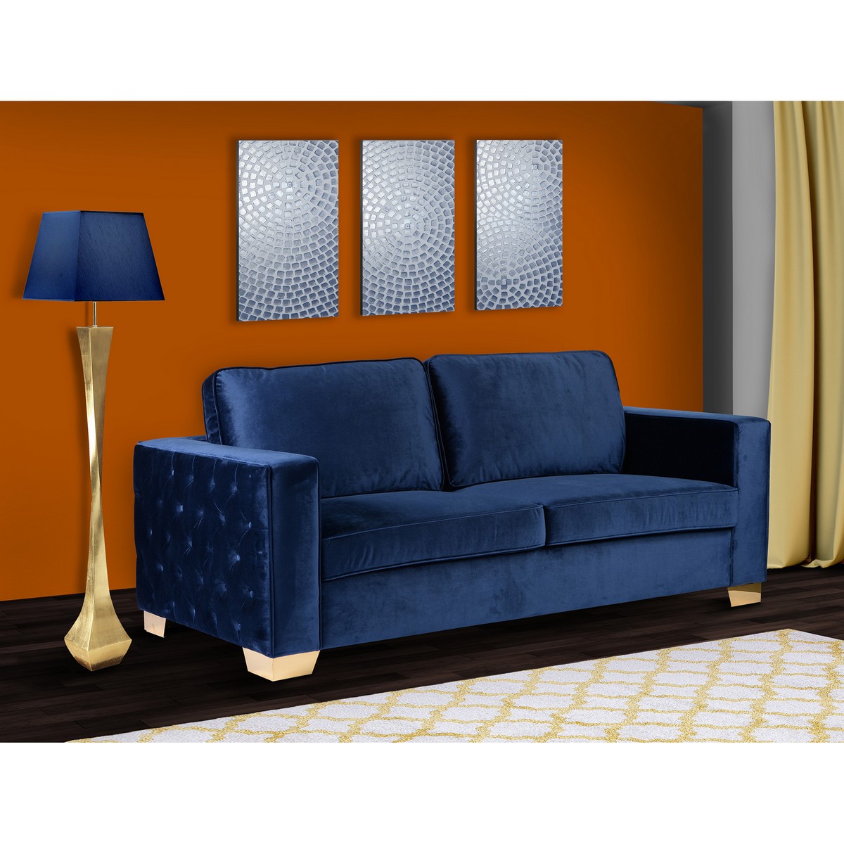 Armen Living Isola Sofa In Blue Velvet With Gold Metal Legs