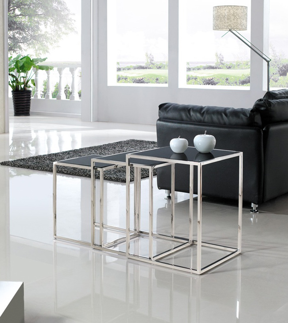 Armen Living Quadra Nesting Tables - Stainless Steel with Glass Tops