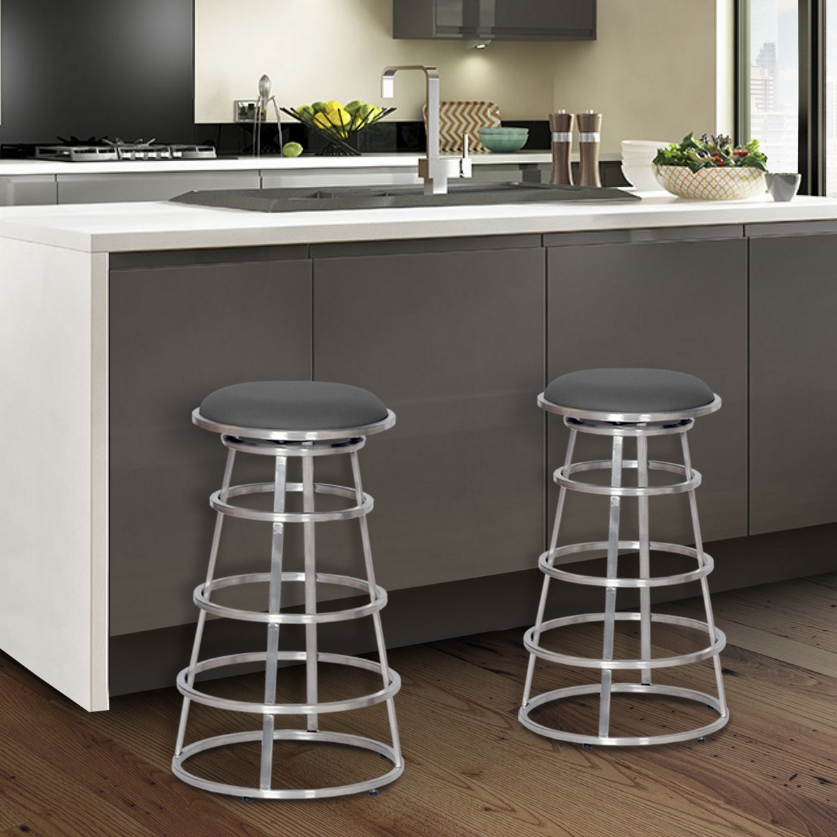 Armen Living Ringo 26-inch Backless Brushed Stainless Steel Barstool in Gray Leatherette