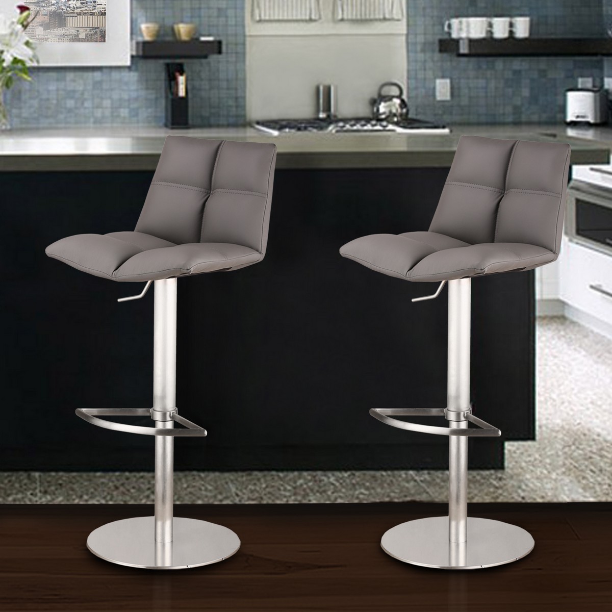 Armen Living Roma Adjustable Brushed Stainless Steel Barstool in Gray Leatherette