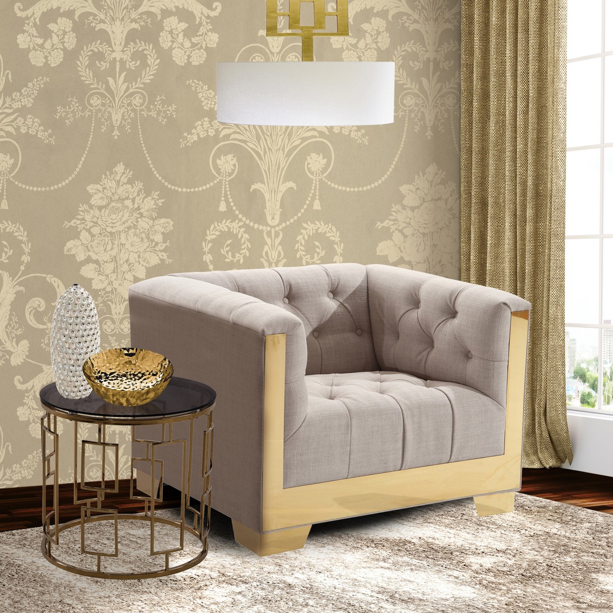 Armen Living Zinc Contemporary Chair In Taupe Tweed and Shiny Gold Finish