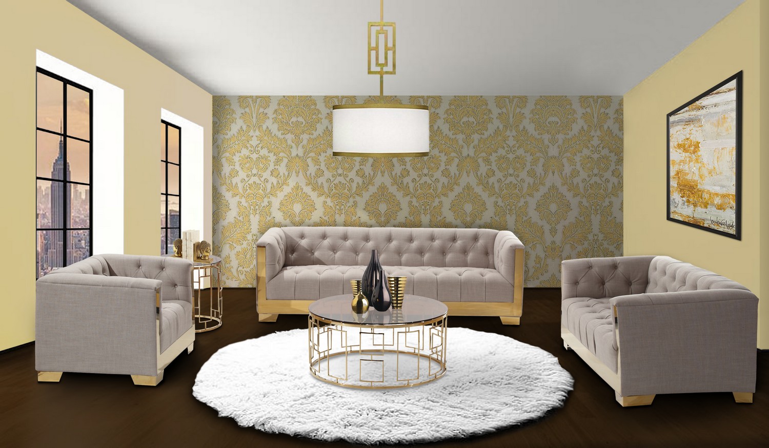 Armen Living Zinc Contemporary Loveseat In Taupe Tweed and Shiny Gold Finish