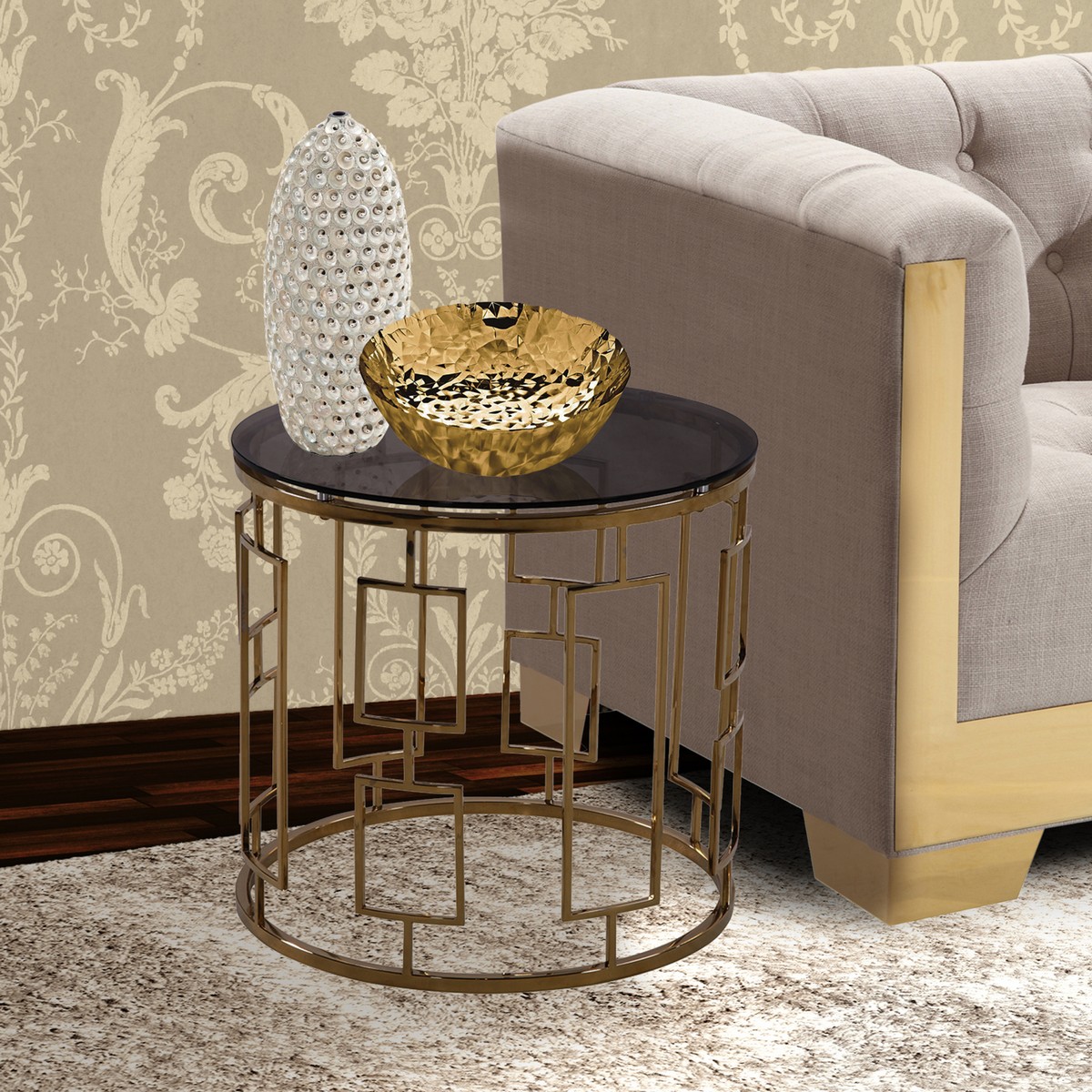 Armen Living Zinc Contemporary End Table In Shiny Gold With Smoked Glass