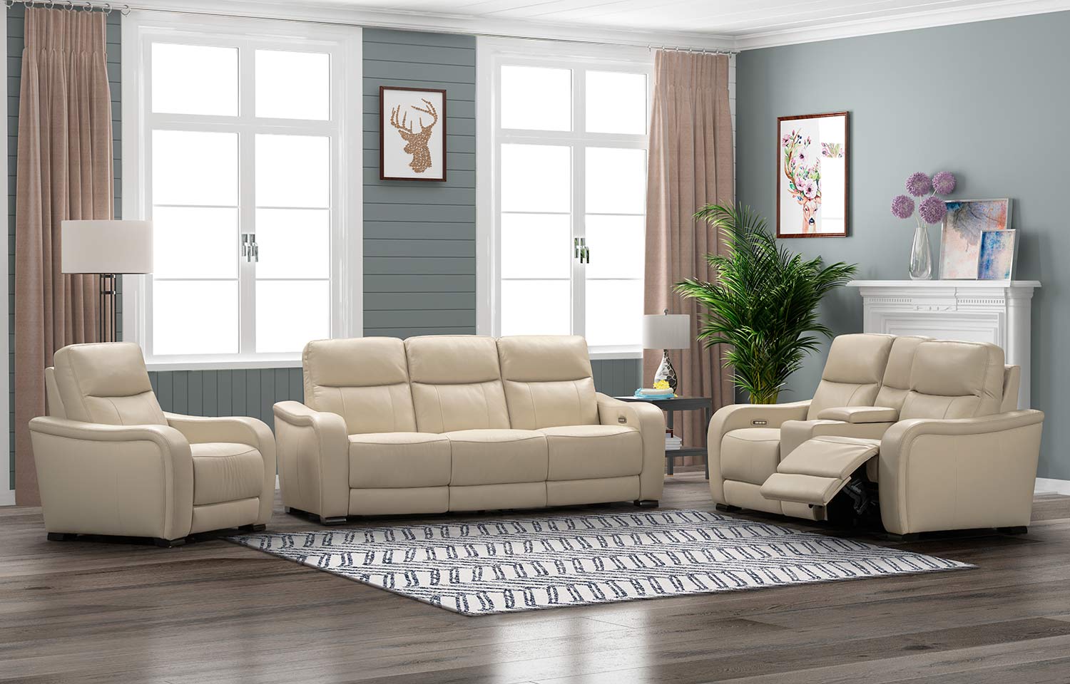 Barcalounger Electra Power Reclining Sofa Set with Power Head Rests and Power Lumbar - Laurel Cream/Leather Match