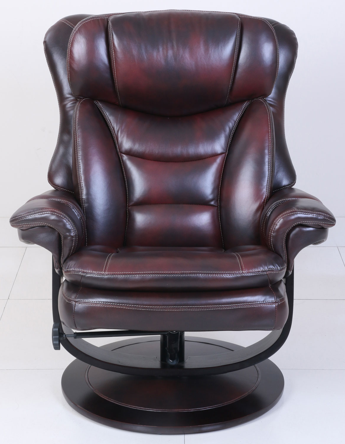Barcalounger Roscoe Pedestal Recliner Chair and Ottoman - Plymouth Mahogany/Leather Match