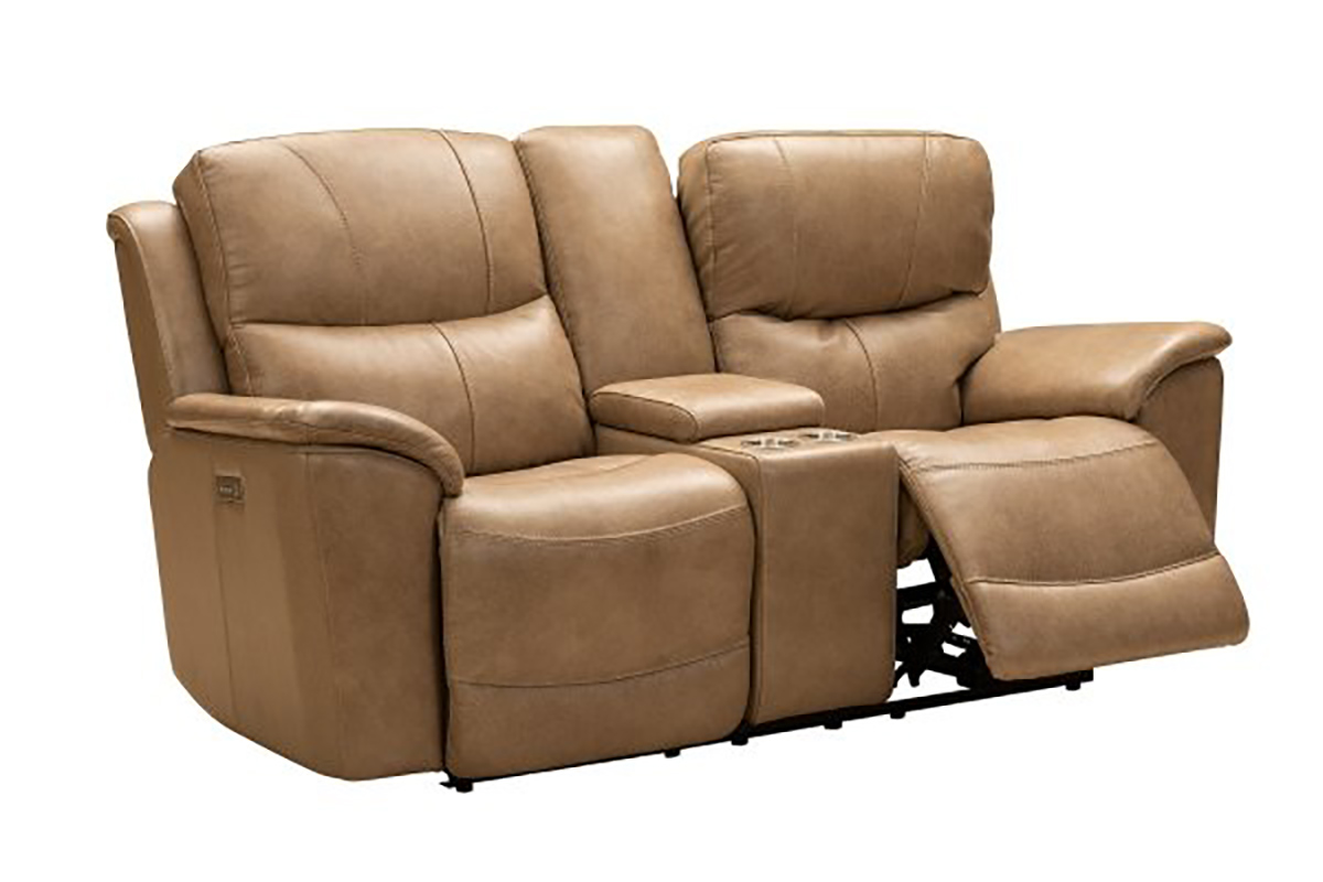 Barcalounger Kaden Power Reclining Console Loveseat with Power Head Rests and Lumbar - Elliott Taupe/Leather Match