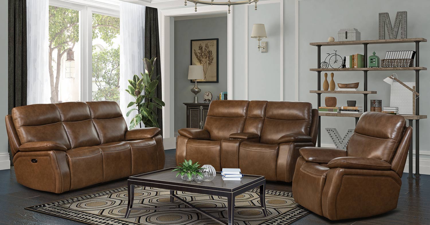 Barcalounger Micah Power Reclining Sofa Set with Power Head Rests - Misha Chestnut/Leather Match