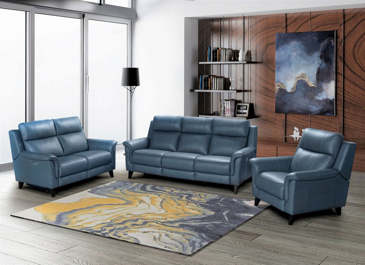 Barcalounger Kester Power Reclining Sofa Set with Power Head Rests - Masen Bluegray/Leather match