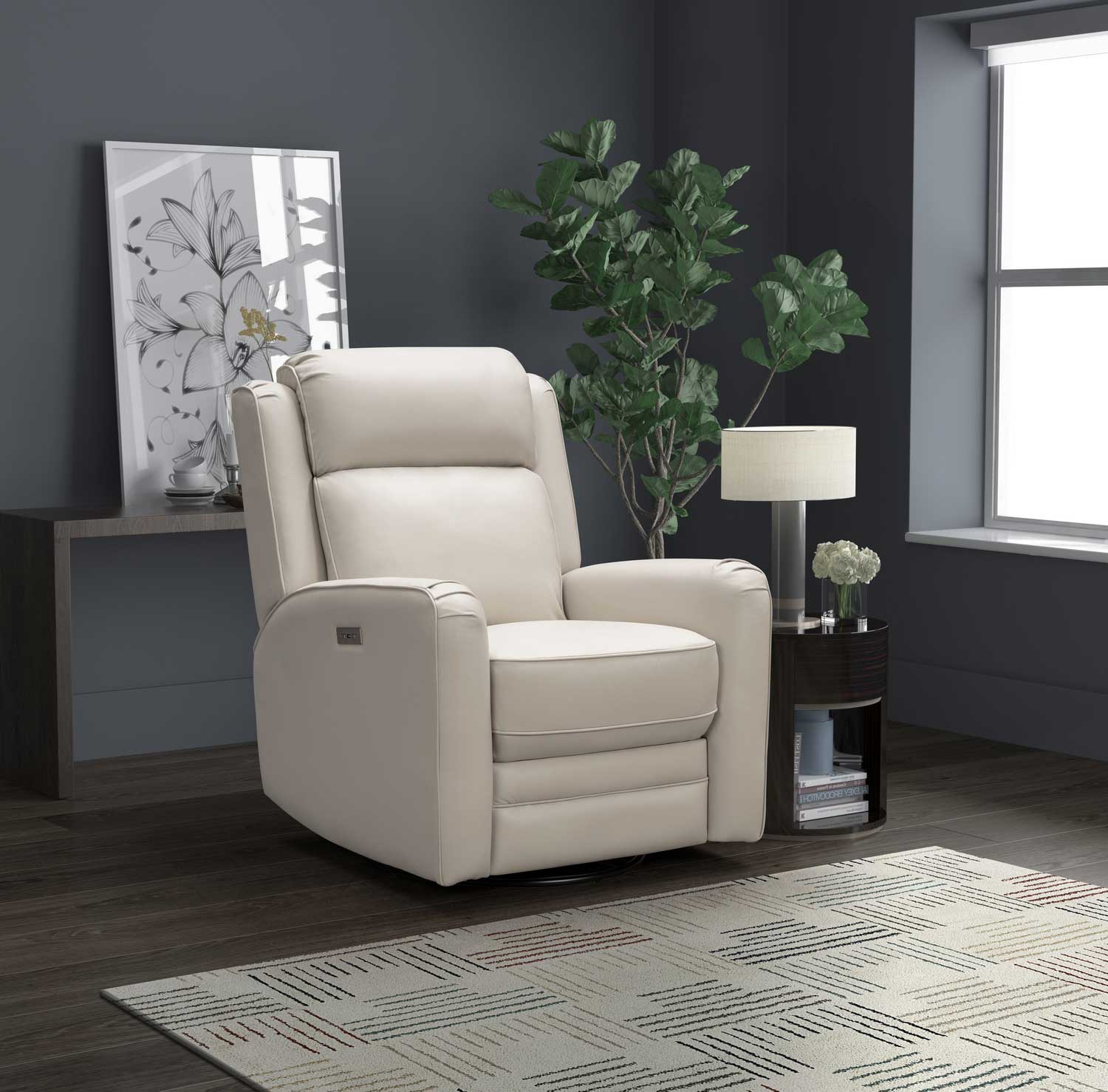 Barcalounger Kennedy Big and Tall Power Swivel Recliner Chair with Power Head Rest - Laurel Cream/Leather Match
