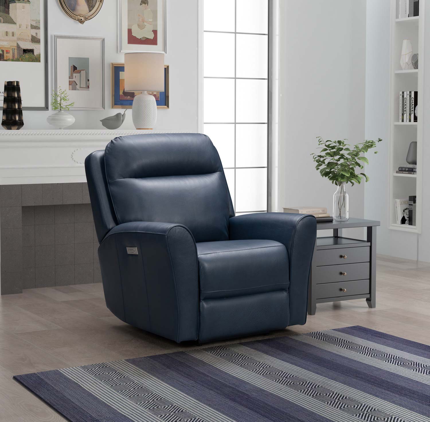 Barcalounger Kelsey Big and Tall Power Recliner Chair with Power Head Rest and Lumbar - Marco Navy Blue/Leather Match