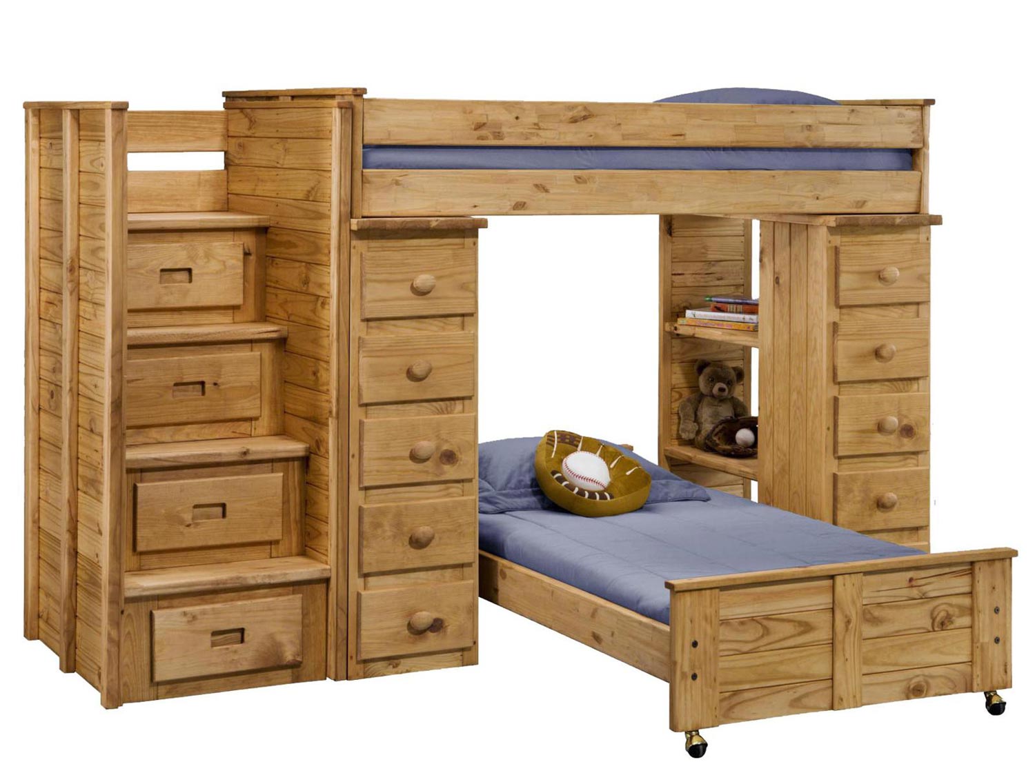 Chelsea Home 31104-5000 Twin Over Twin Loft Bed with Staircase - Ginger Stain