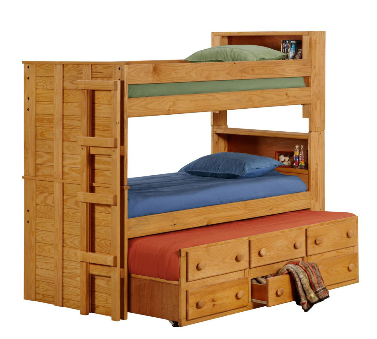 Chelsea Home 312055 Twin Bookcase Bunk Bed with Twin Trundle Unit - Ginger Stain