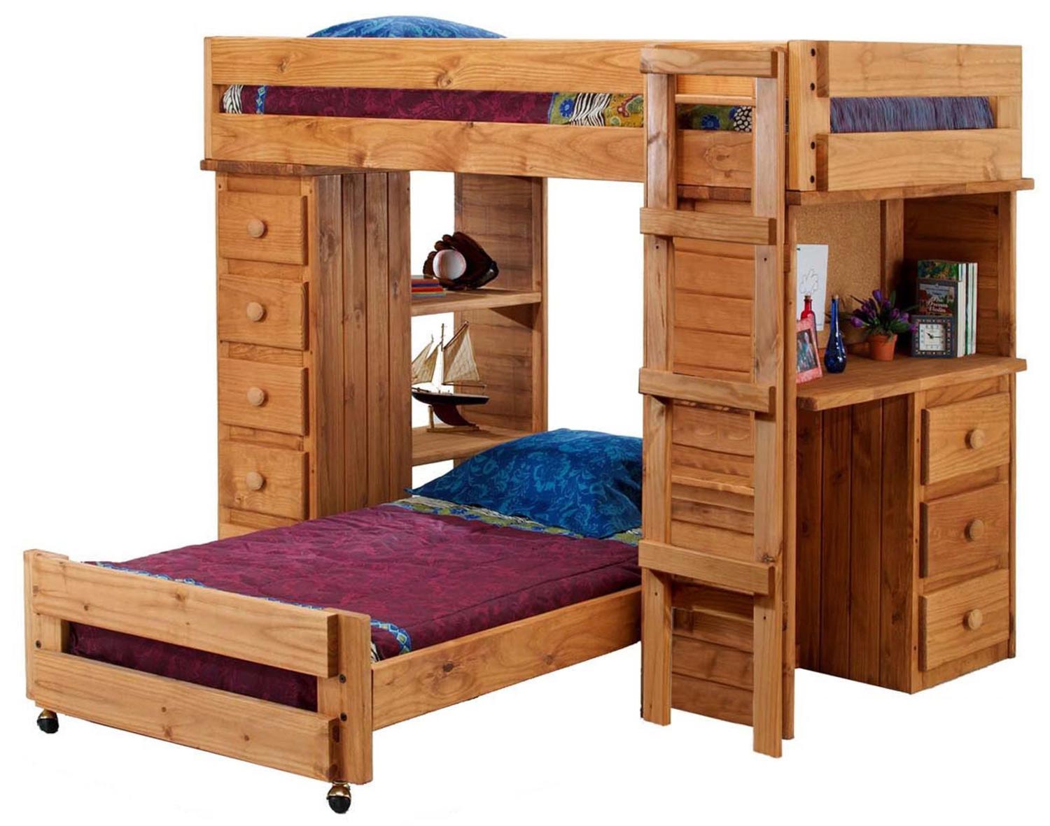 Chelsea Home 315015 Twin Over Twin Student Loft Bed with Desk and Chest Ends - Ginger Stain